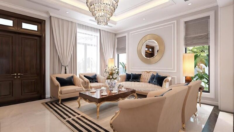 Cửa chính 2 cánh phòng khách ấn tượng với đường vân đẹp mắt cùng gam trầm độc đáo từ gỗ óc chó tự nhiên cao cấp. Thiết kế nội thất phòng khách nhà phố
