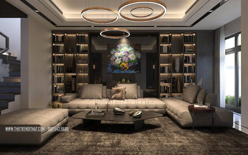 Sofa hiện đại màu xám cao cấp đẹp tạo điểm nhấn ấn tượng cho phòng khách rộng, lớn. Thiết kế nội thất phòng khách nhà phố