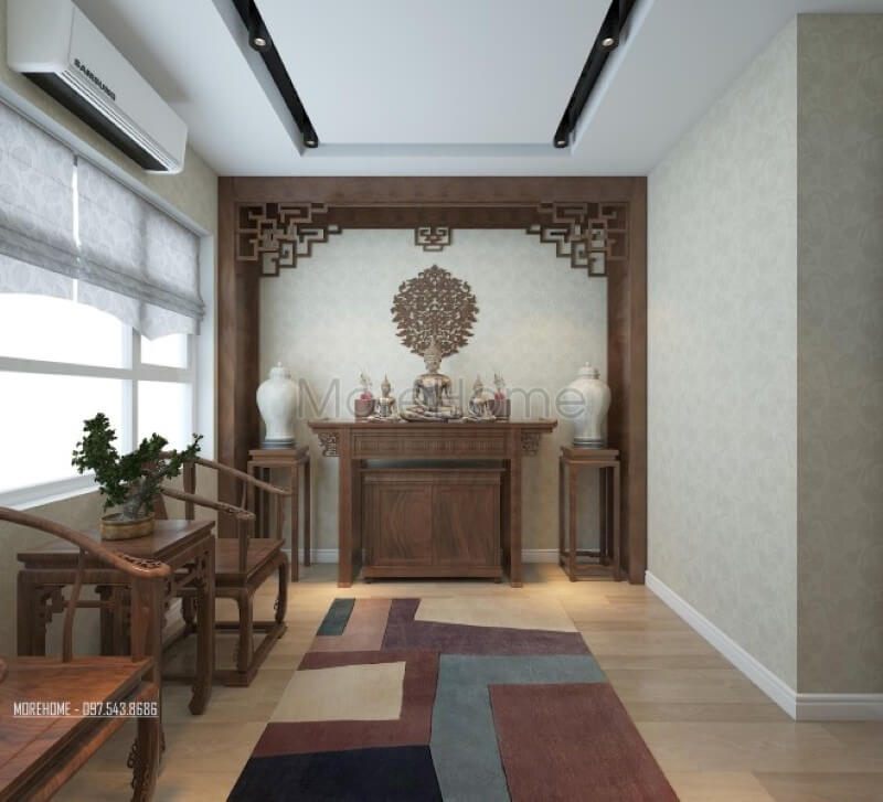Nội thất phòng thờ chung cư được thiết kế rất trang nghiêm với đồ gỗ nội thất tự nhiên kết hợp gam màu gỗ xưa truyền thống.