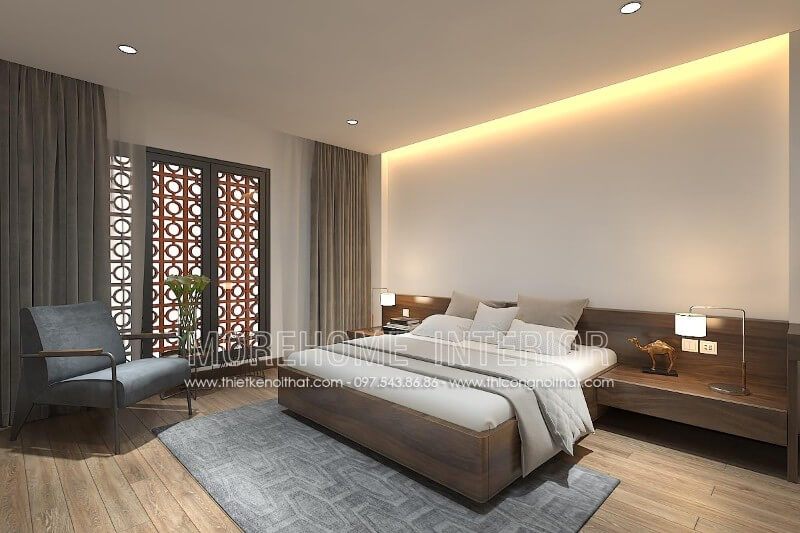 Mẫu giường ngủ chung cư gỗ công nghiệp với gam màu nâu trầm sang trọng, mang đến cảm giác ấm cúng cho cả căn phòng