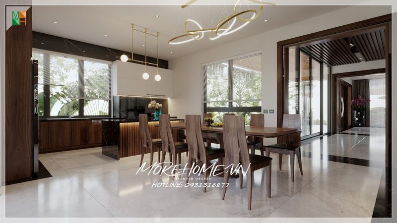 Bộ bàn ăn 8 ghế gỗ tự nhiên hiện đại độc đáo với điểm nhấn khoét phần sau lưng ghế mang ấn tượng sâu sắc, thẩm mỹ cao