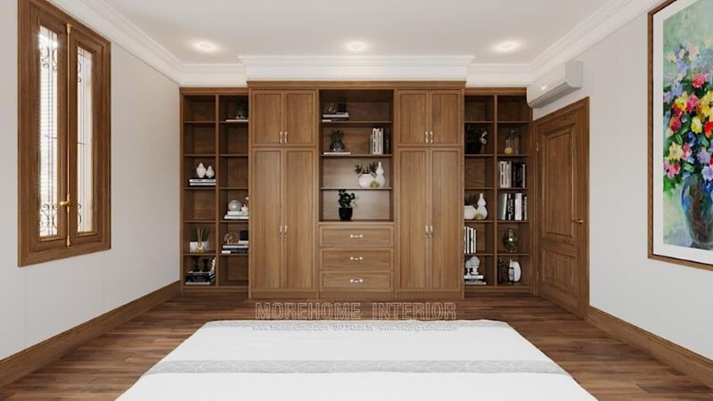 Mẫu kệ tủ kết hợp kệ trang trí ốp tường với chất liệu gỗ tự nhiên cao cấp dùng để trưng bày những mẫu đồ yêu thích cho gia chủ